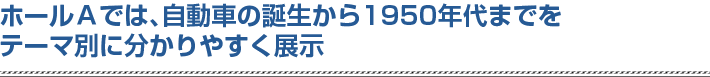 ホールＡでは､自動車の誕生から1950年代までをテーマ別に分かりやすく展示